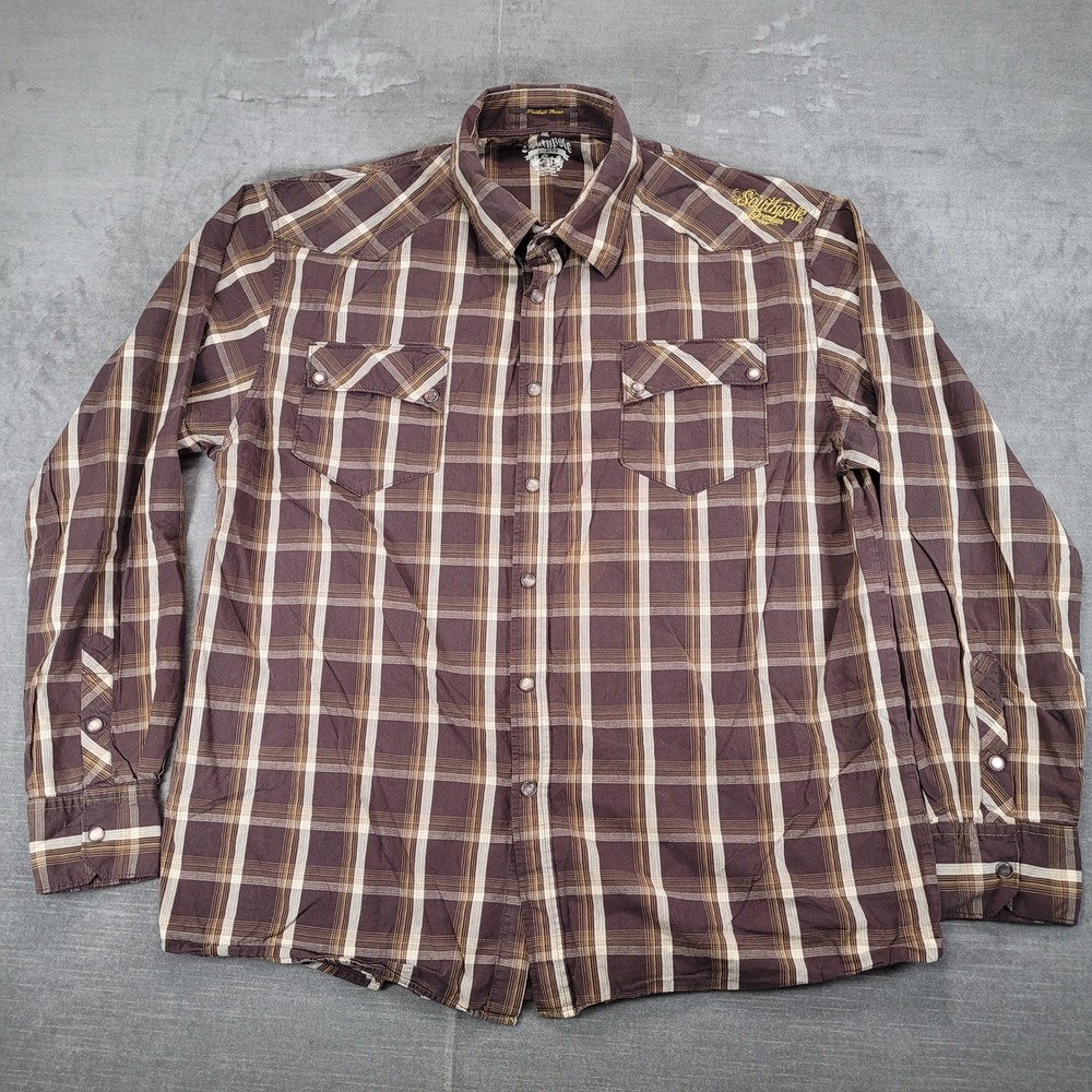 Southpole Premium Y2K Mens‎ 3XL Plaid Western Shirt Long Sleeve Pearl Snap Brown
